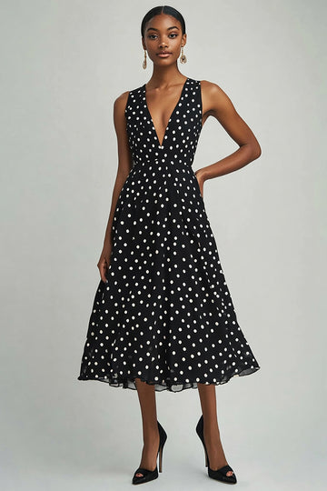 Chiffon Black White Polka Dot V-Neck Graduation Dress